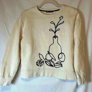ZARA WOMENS SWEATSHIRT EMROIDERED CREAM SIZE SMALL